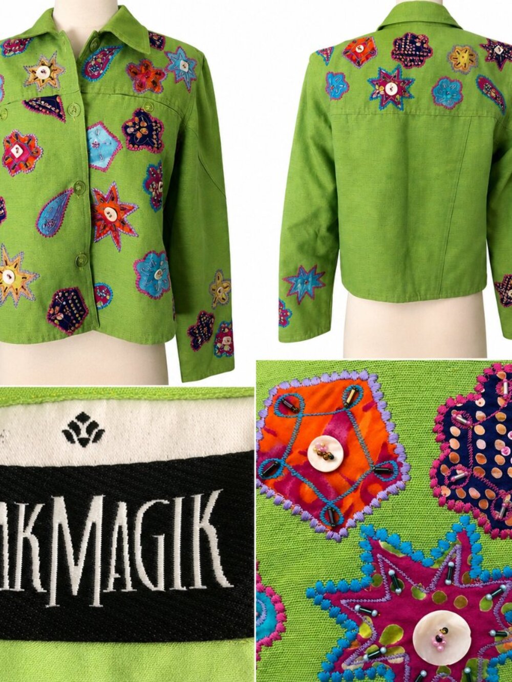YAK MAGIK Green Embroidered Beaded Applique Boho Folk Art Jacket Women's size S